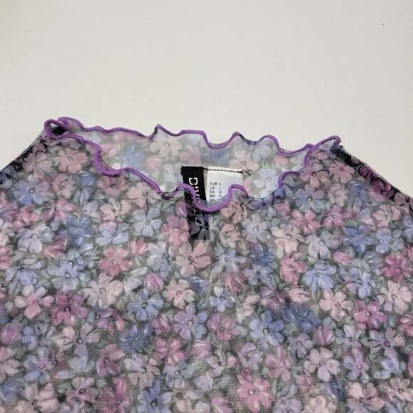 Sheer Purple High Neck Long Sleeve Floral Print Blouse Top Size L - Picture 5 of 13